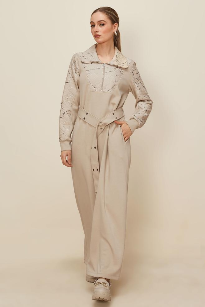 Tesettür giyim BEJ KUŞAKLI EŞOFMAN ELBİSE 46002 - ALVİNA