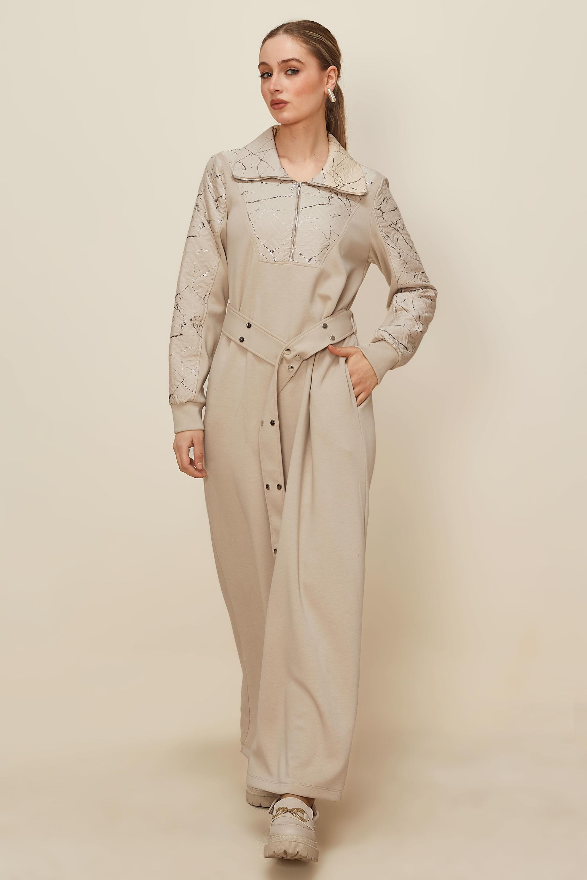 Tesettür giyim BEJ KUŞAKLI EŞOFMAN ELBİSE 46002