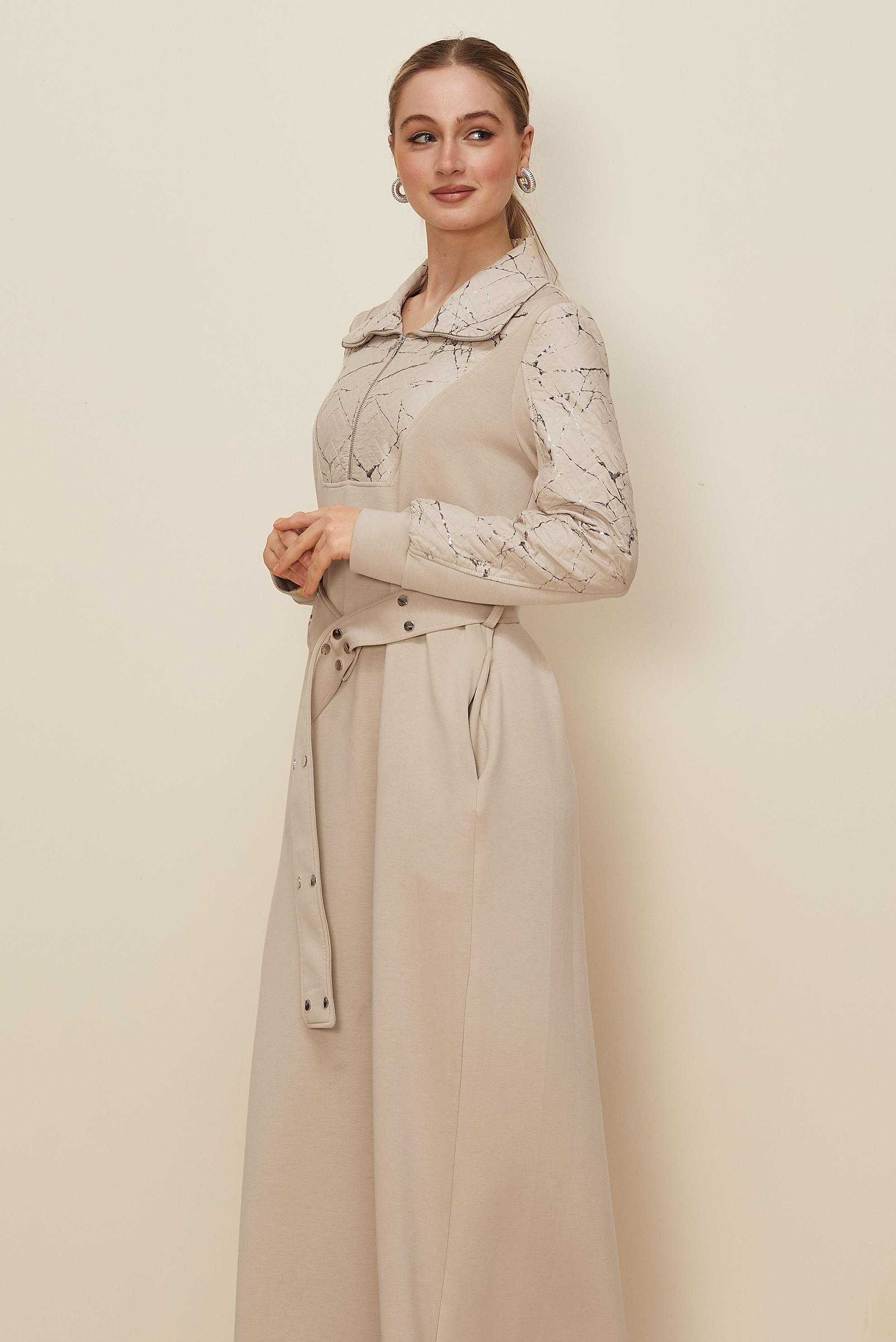 Tesettür giyim BEJ KUŞAKLI EŞOFMAN ELBİSE 46002