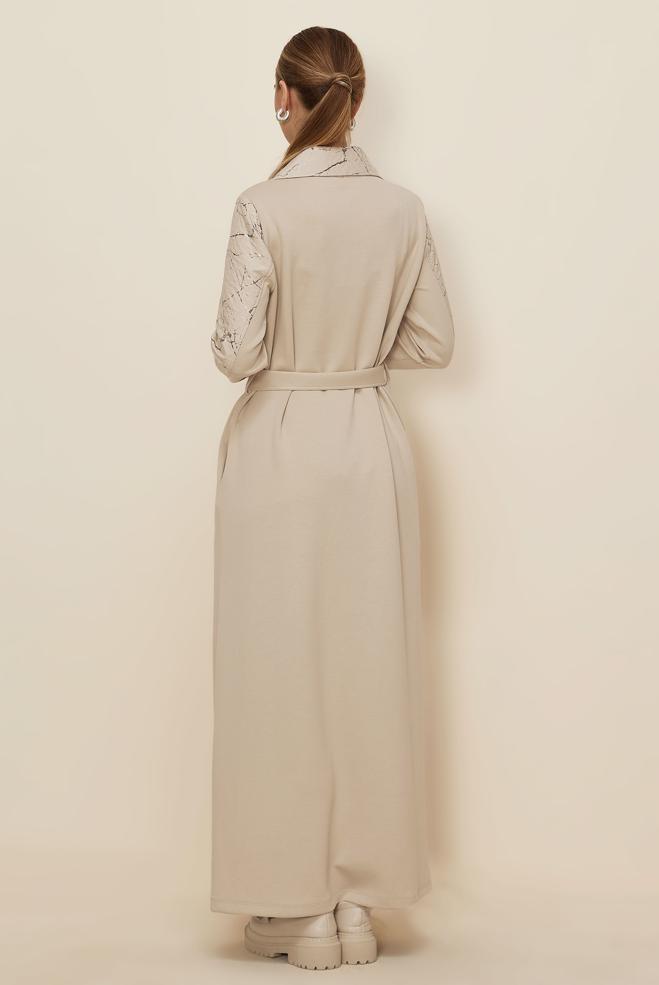 Tesettür giyim BEJ KUŞAKLI EŞOFMAN ELBİSE 46002 - ALVİNA