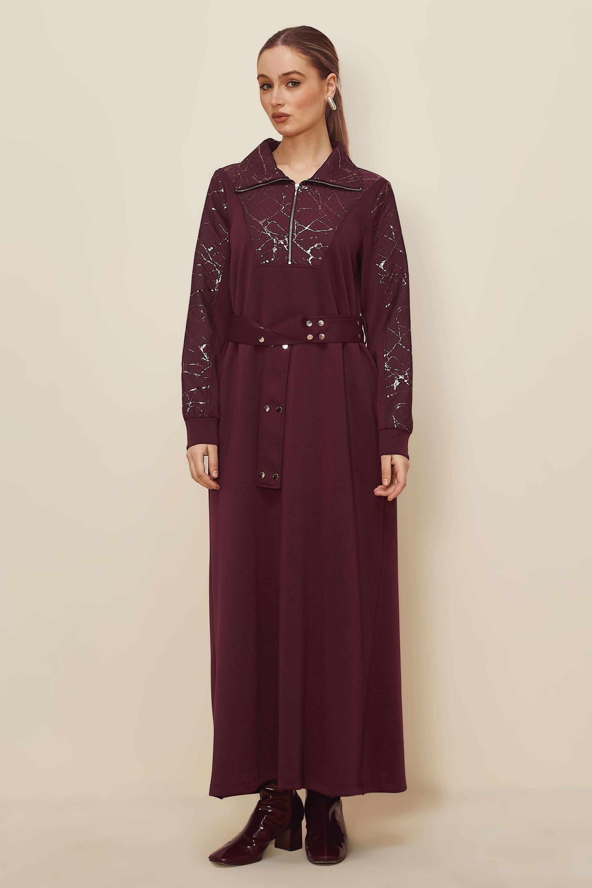 Tesettür giyim BORDO KUŞAKLI EŞOFMAN ELBİSE 46002