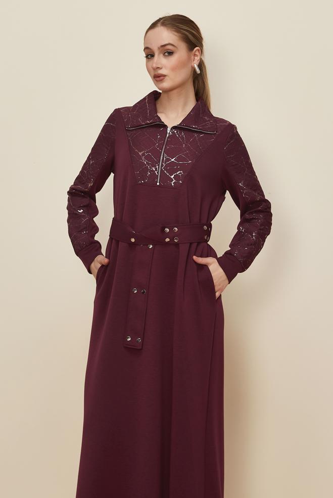 Tesettür giyim BORDO KUŞAKLI EŞOFMAN ELBİSE 46002 - ALVİNA