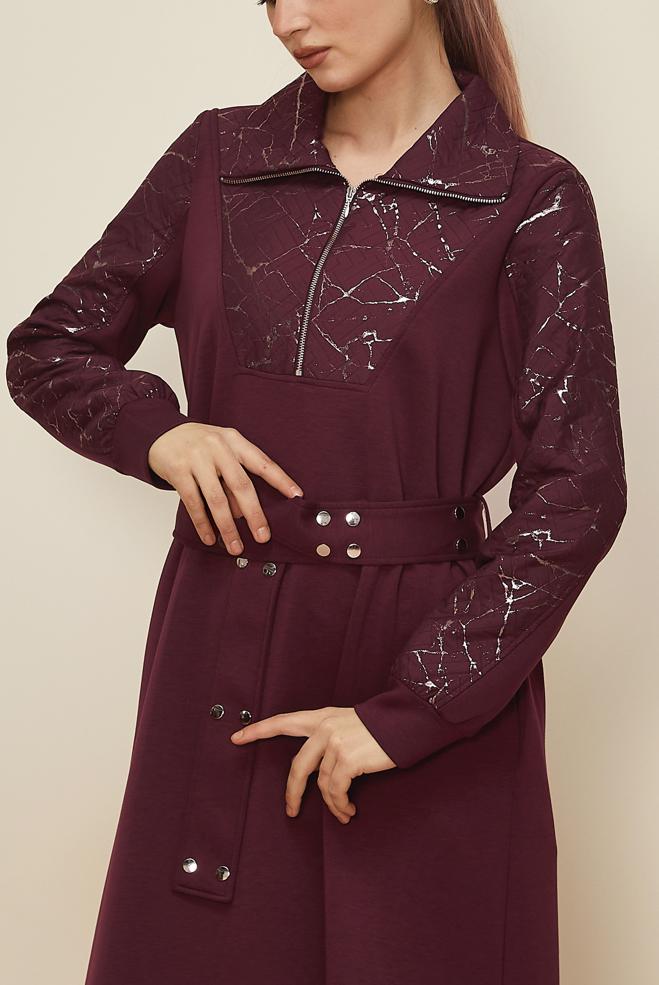 Tesettür giyim BORDO KUŞAKLI EŞOFMAN ELBİSE 46002 - ALVİNA