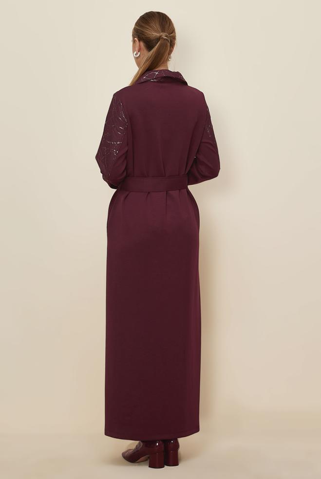 Tesettür giyim BORDO KUŞAKLI EŞOFMAN ELBİSE 46002 - ALVİNA