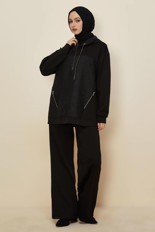 Tesettür giyim SİYAH KAPÜŞONLU EŞOFMAN TAKIMI 46003 - ALVİNA