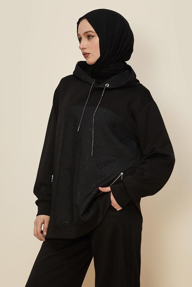 Tesettür giyim SİYAH KAPÜŞONLU EŞOFMAN TAKIMI 46003 - ALVİNA