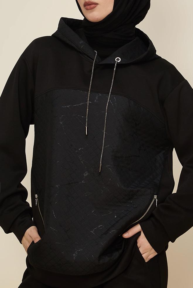 Tesettür giyim SİYAH KAPÜŞONLU EŞOFMAN TAKIMI 46003 - ALVİNA