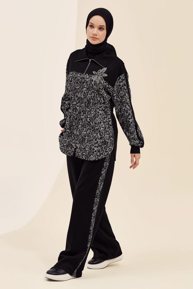 Vêtements hijab NOIR ENSEMBLE SURVÊTEMENT AVEC PANTALON 46004 - ALVİNA