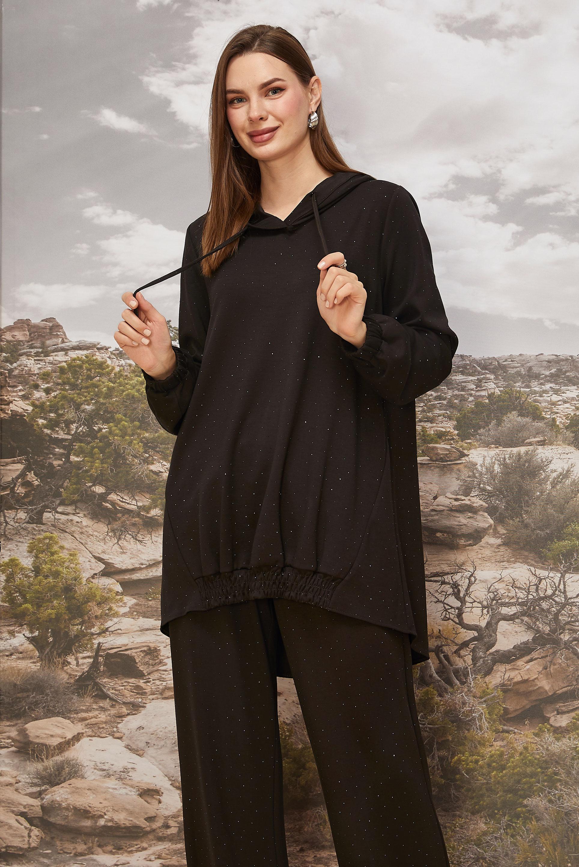 Tesettür giyim KAHVE PANTOLONLU TAŞLI EŞOFMAN TAKIMI 46039