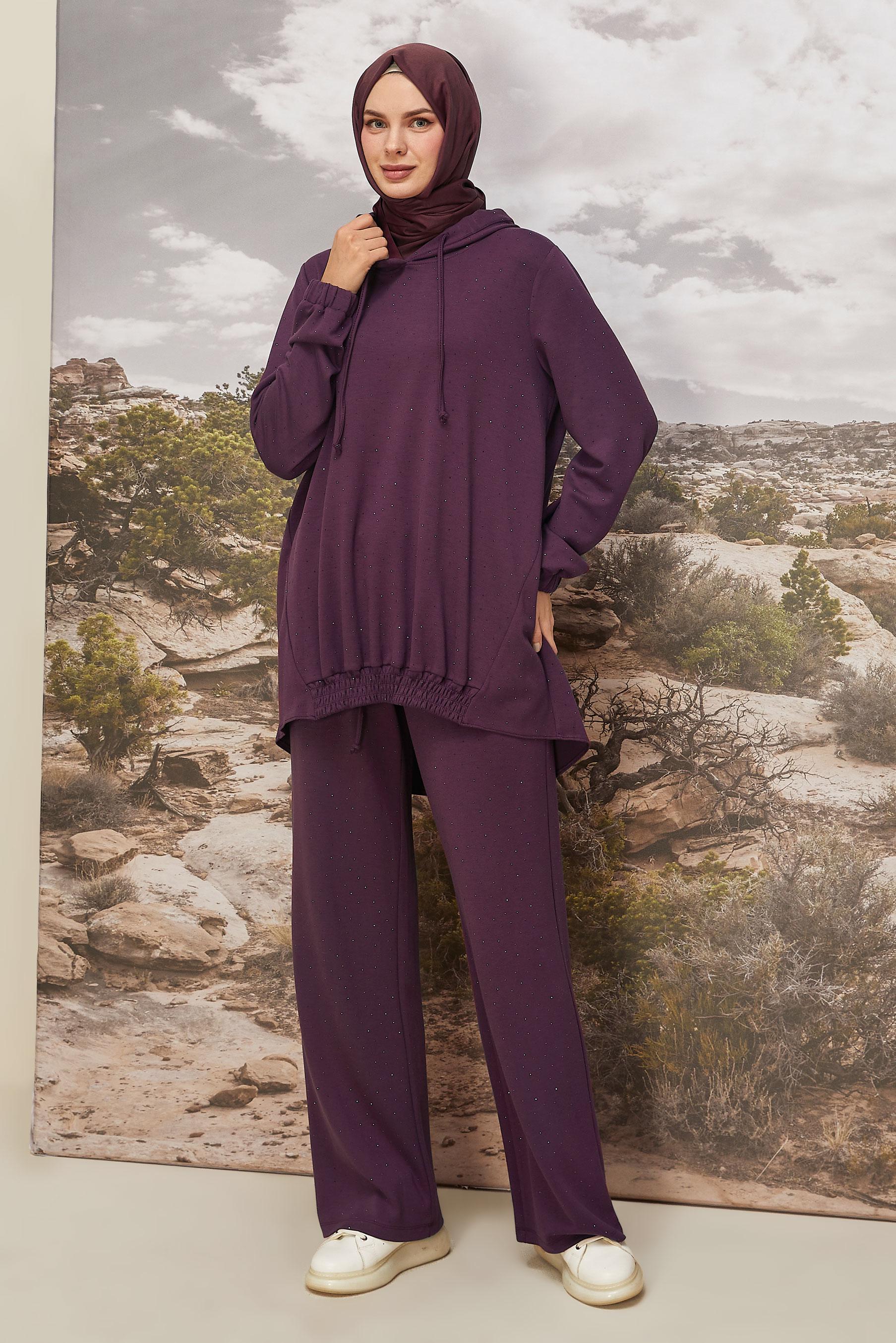 Tesettür giyim MÜRDÜM PANTOLONLU TAŞLI EŞOFMAN TAKIMI 46039