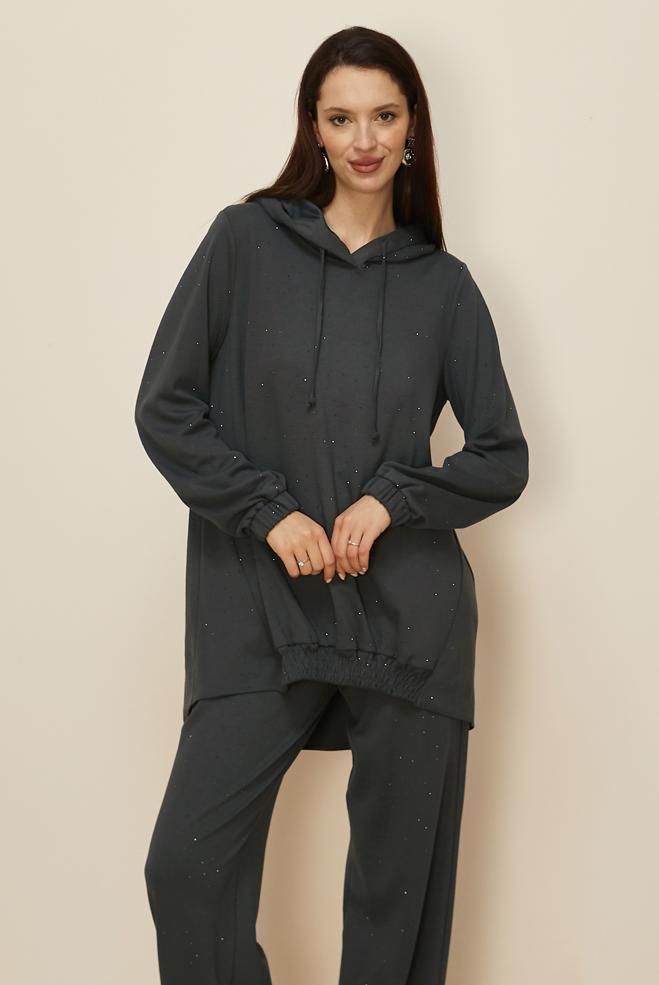 Tesettür giyim GRİ PANTOLONLU TAŞLI EŞOFMAN TAKIMI 46039 - ALVİNA