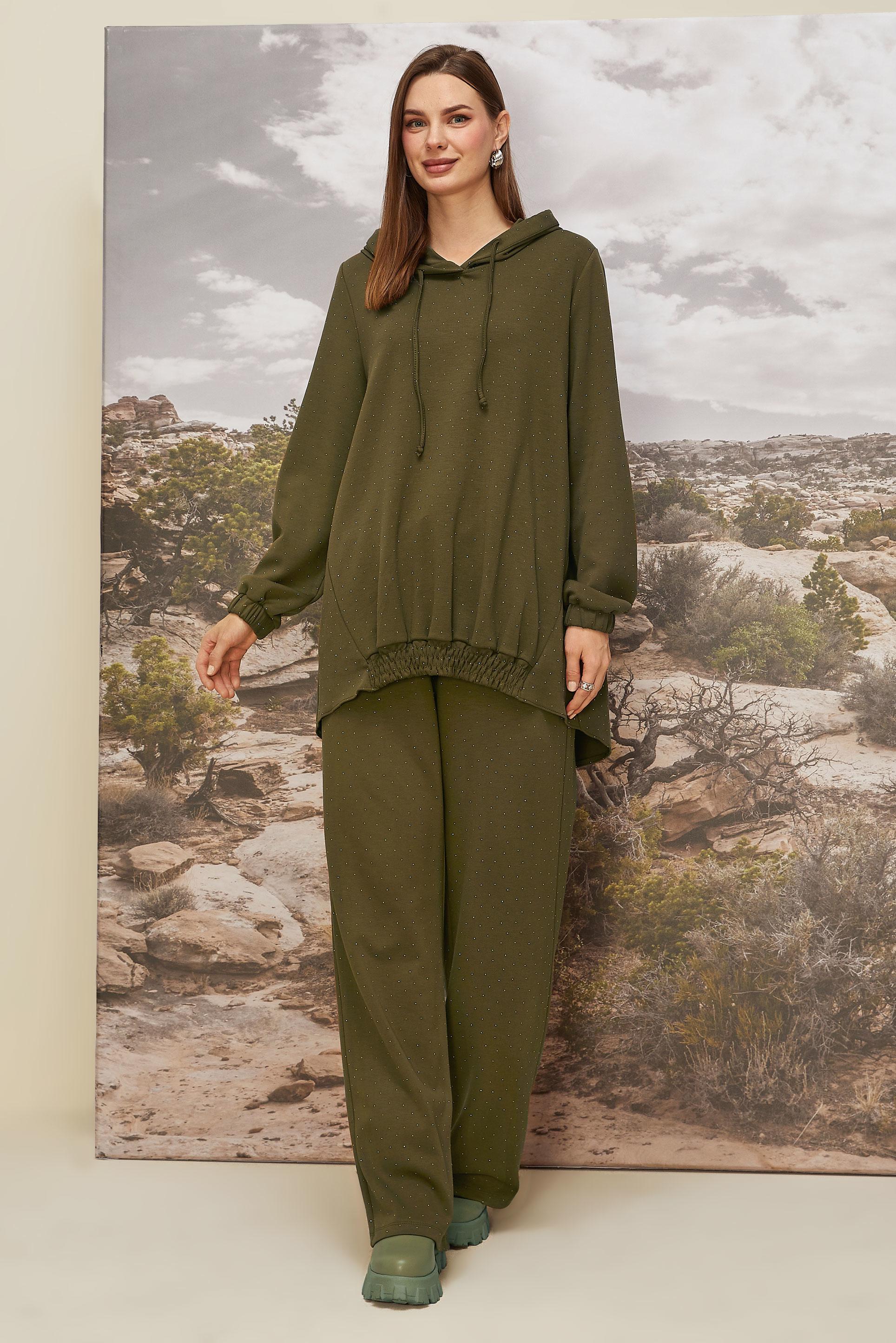 Tesettür giyim YEŞİL PANTOLONLU TAŞLI EŞOFMAN TAKIMI 46039