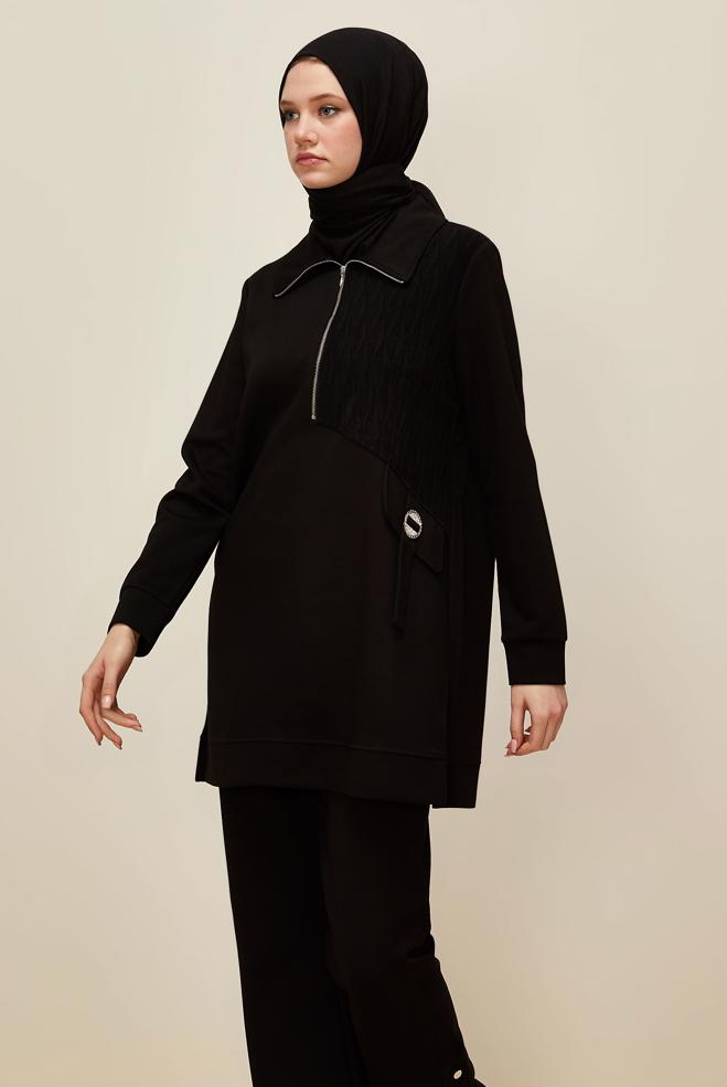 Tesettür giyim SİYAH GÖMLEK YAKA EŞOFMAN TUNİK 46041 - ALVİNA