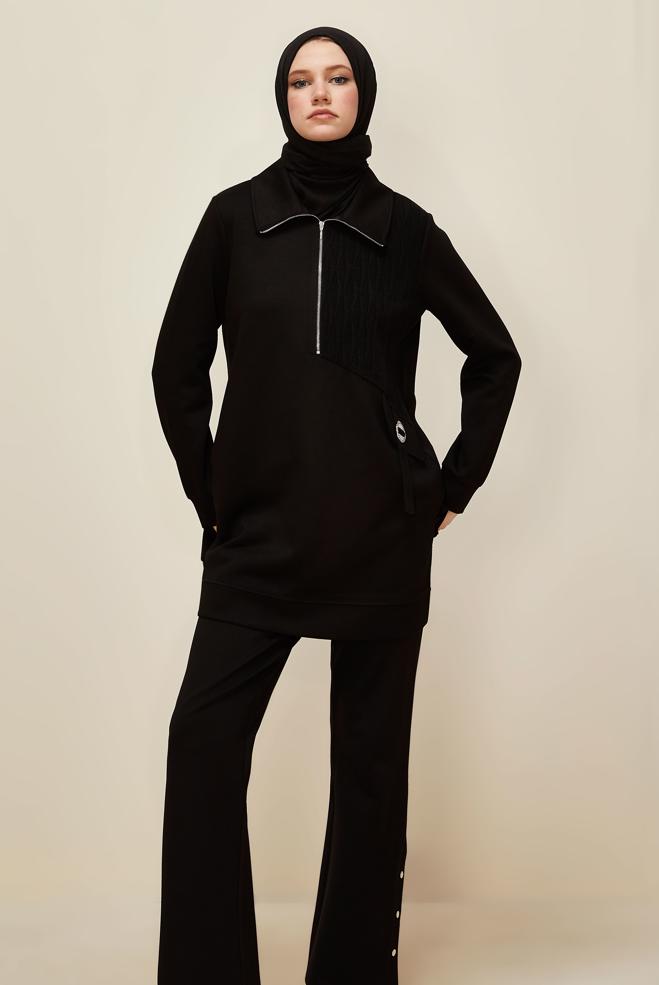 Tesettür giyim SİYAH GÖMLEK YAKA EŞOFMAN TUNİK 46041 - ALVİNA