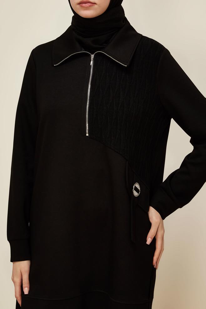 Tesettür giyim SİYAH GÖMLEK YAKA EŞOFMAN TUNİK 46041 - ALVİNA