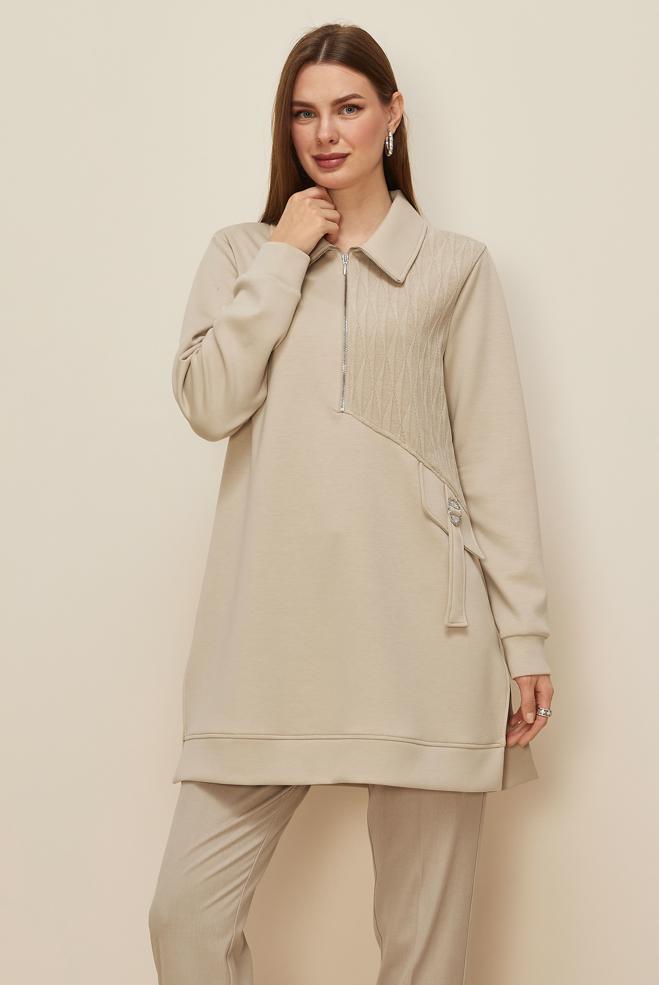 Tesettür giyim BEJ GÖMLEK YAKA EŞOFMAN TUNİK 46041 - ALVİNA