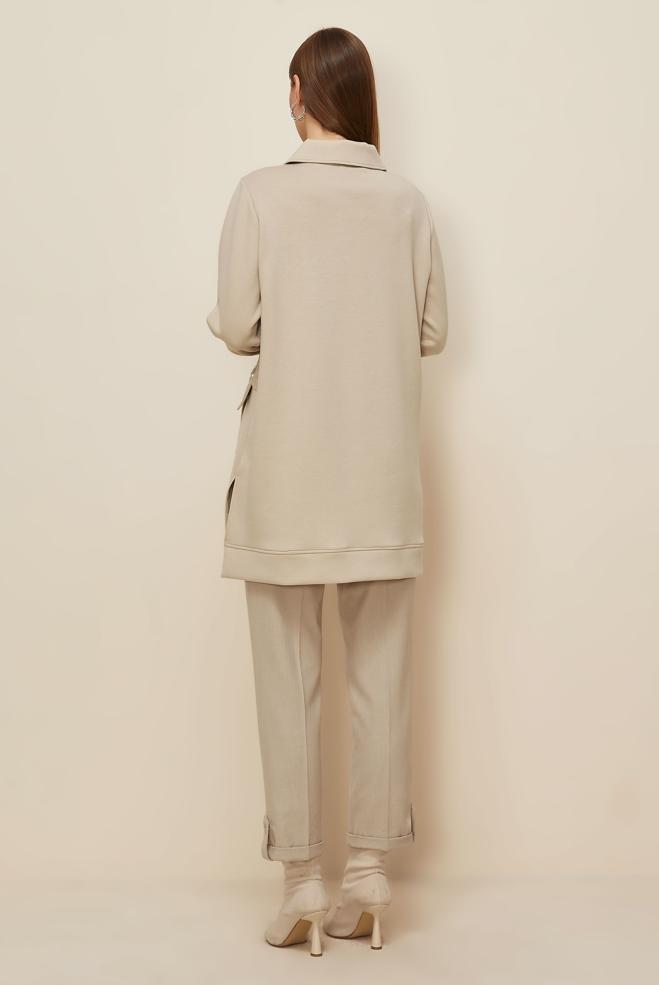 Tesettür giyim BEJ GÖMLEK YAKA EŞOFMAN TUNİK 46041 - ALVİNA