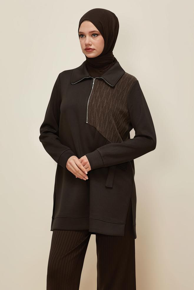 Tesettür giyim KAHVE GÖMLEK YAKA EŞOFMAN TUNİK 46041 - ALVİNA