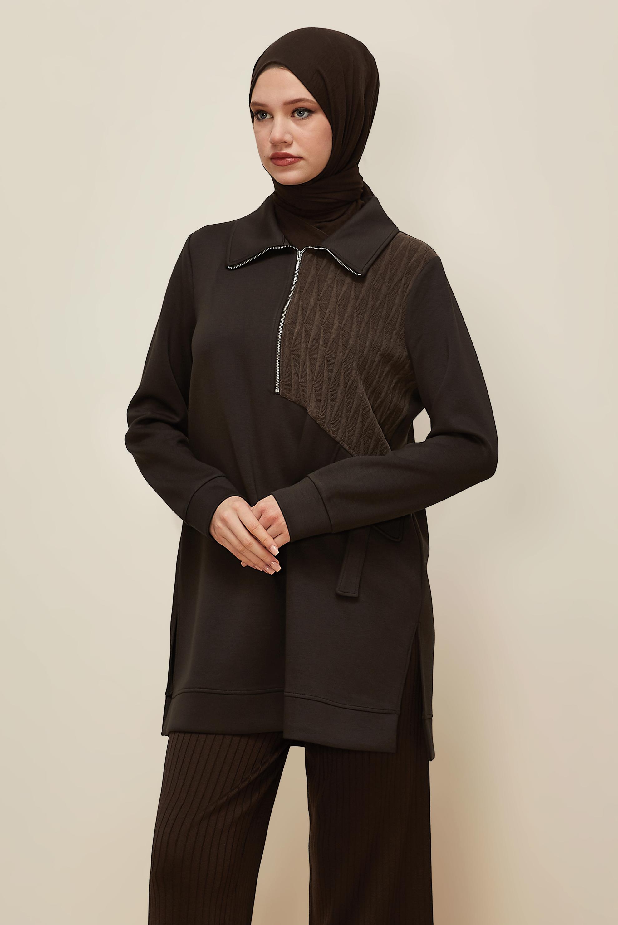 Tesettür giyim KAHVE GÖMLEK YAKA EŞOFMAN TUNİK 46041