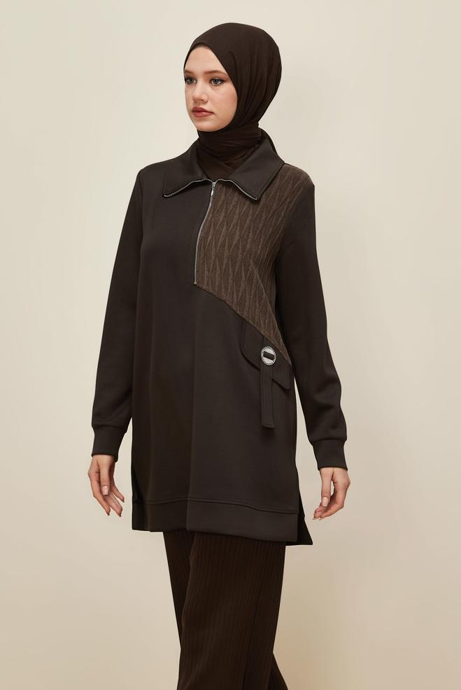 Tesettür giyim KAHVE GÖMLEK YAKA EŞOFMAN TUNİK 46041 - ALVİNA