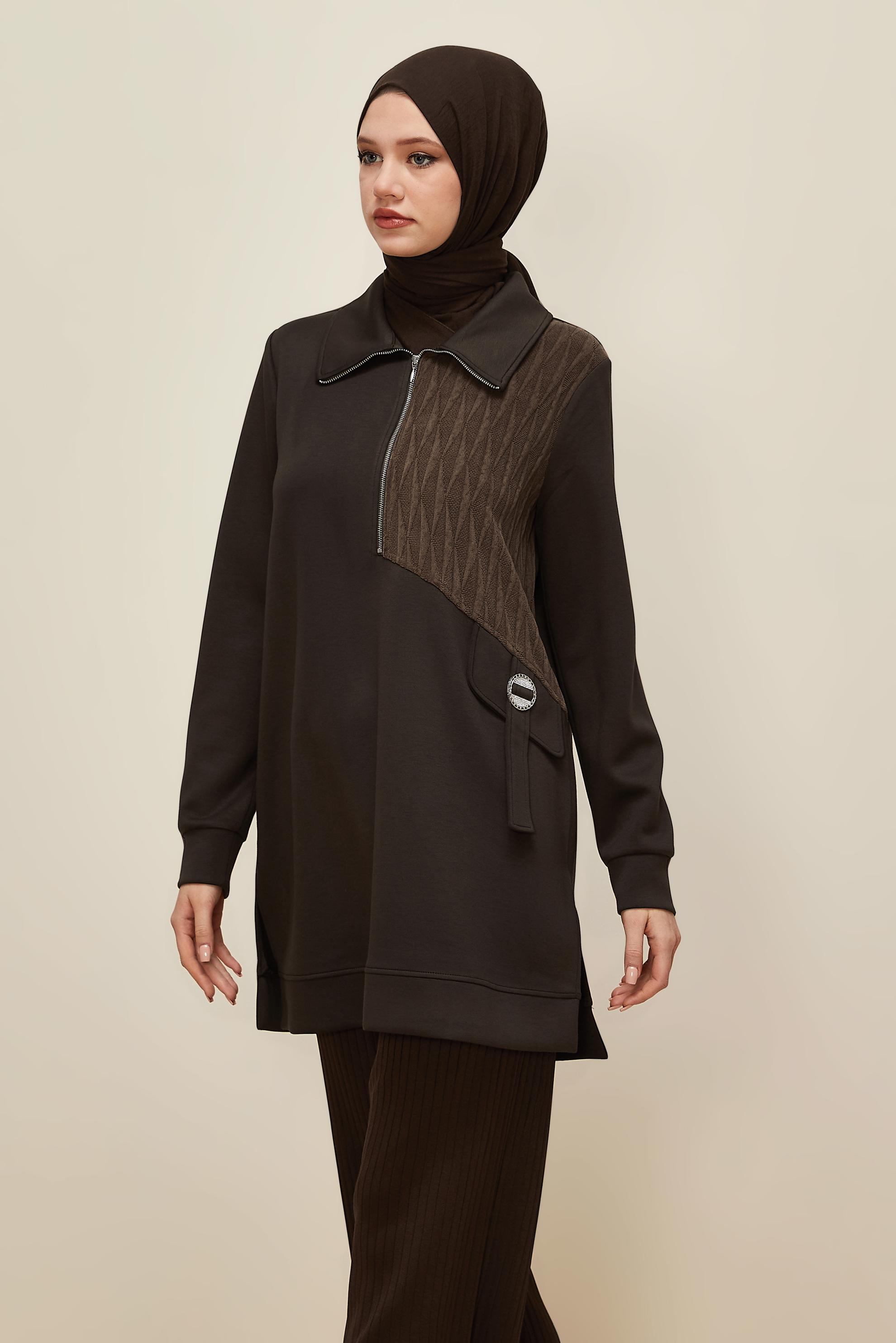 Tesettür giyim KAHVE GÖMLEK YAKA EŞOFMAN TUNİK 46041