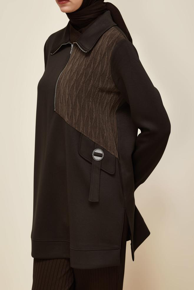 Tesettür giyim KAHVE GÖMLEK YAKA EŞOFMAN TUNİK 46041 - ALVİNA