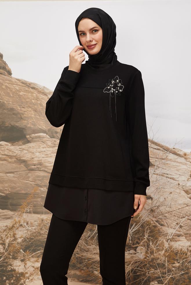 Tesettür giyim SİYAH 46055 AZEL EŞOFMAN TUNİK 38-46 TEK40 - ALVİNA