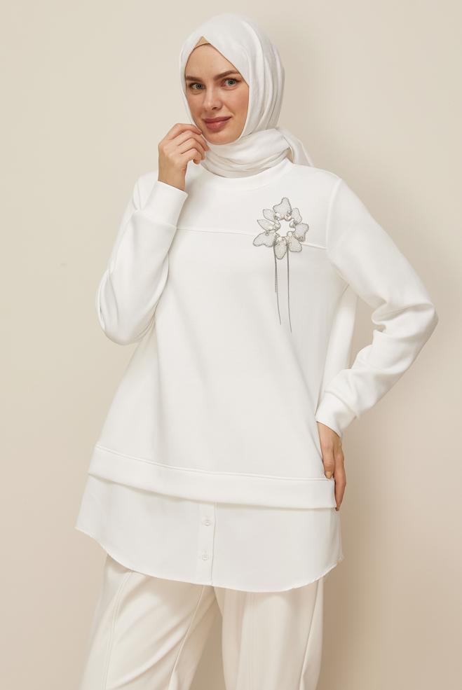 Tesettür giyim BEYAZ 46055 AZEL EŞOFMAN TUNİK 38-46 TEK40 - ALVİNA