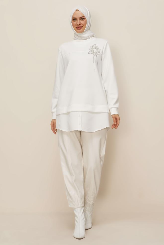 Tesettür giyim BEYAZ 46055 AZEL EŞOFMAN TUNİK 38-46 TEK40 - ALVİNA