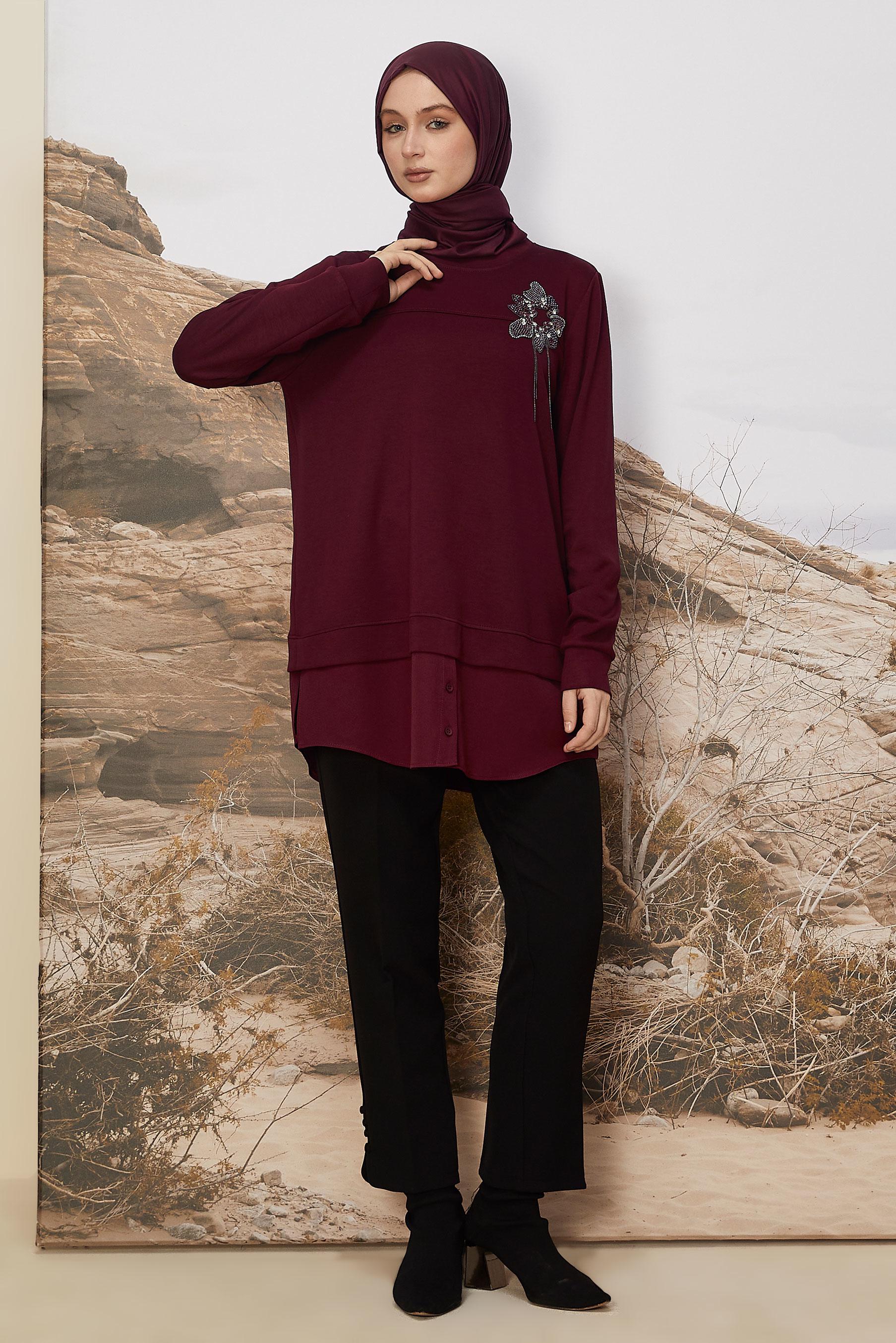 Tesettür giyim BORDO GÖMLEK GARNİLİ EŞOFMAN TUNİK 46055