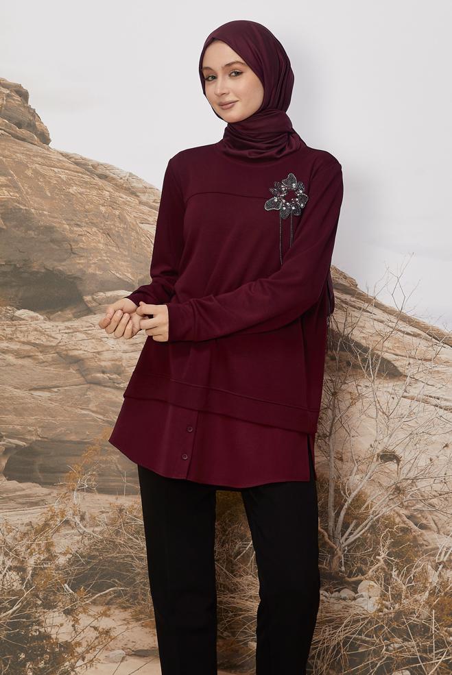 Tesettür giyim BORDO GÖMLEK GARNİLİ EŞOFMAN TUNİK 46055 - ALVİNA