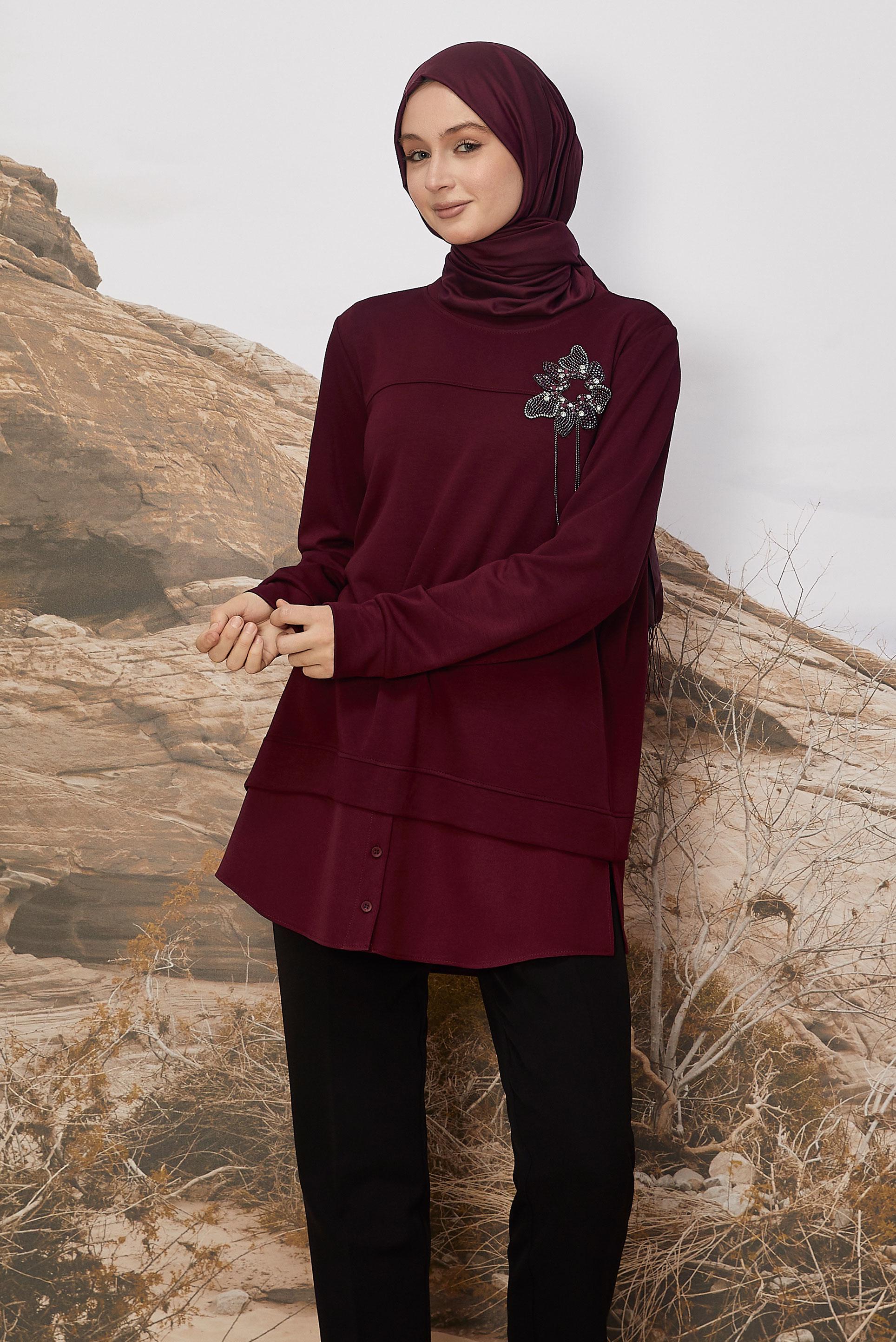 Tesettür giyim BORDO GÖMLEK GARNİLİ EŞOFMAN TUNİK 46055
