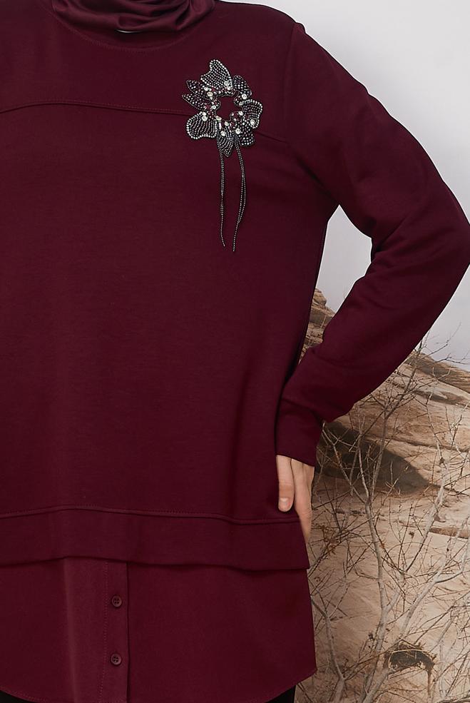 Tesettür giyim BORDO GÖMLEK GARNİLİ EŞOFMAN TUNİK 46055 - ALVİNA