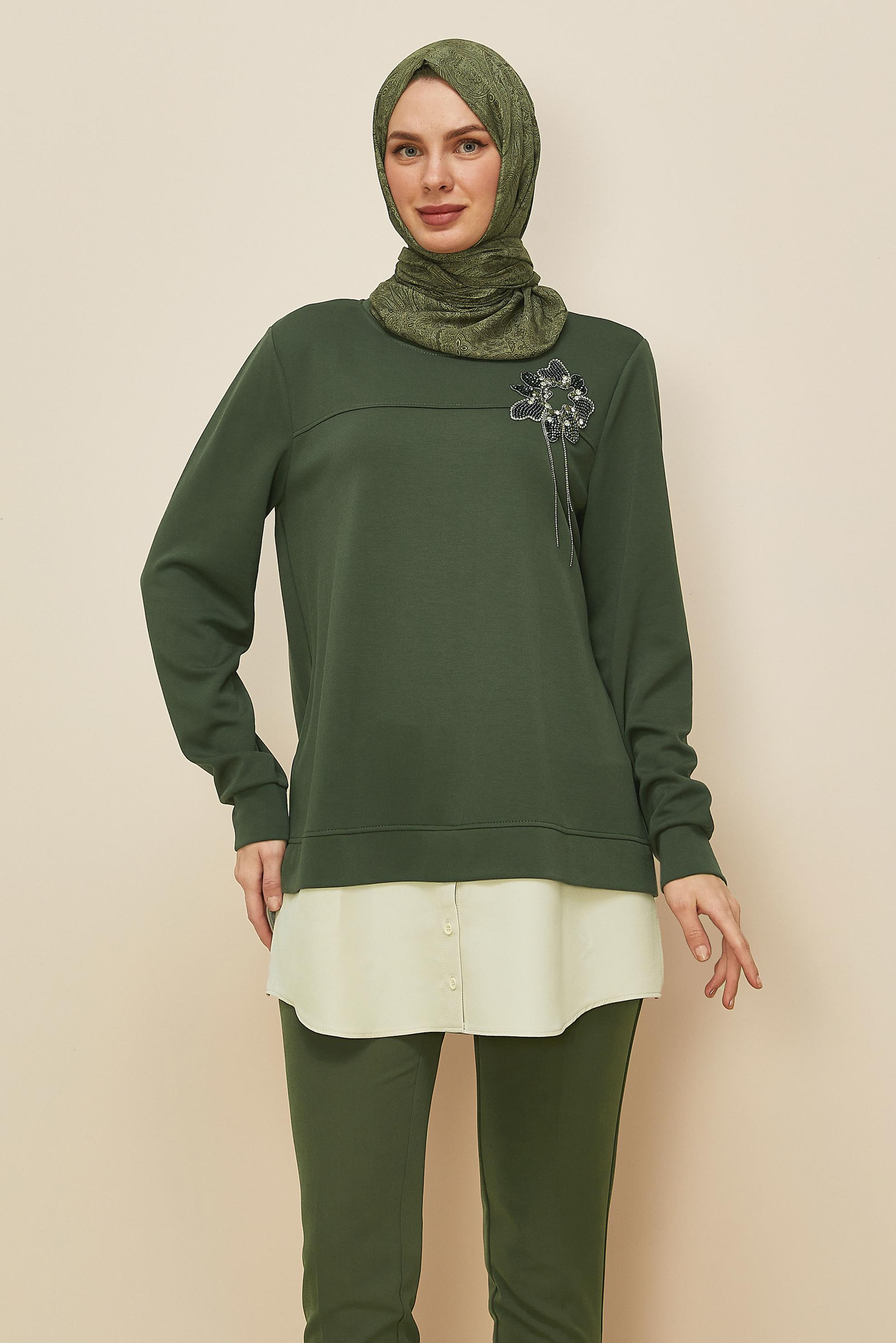 Tesettür giyim HAKİ GÖMLEK GARNİLİ EŞOFMAN TUNİK 46055