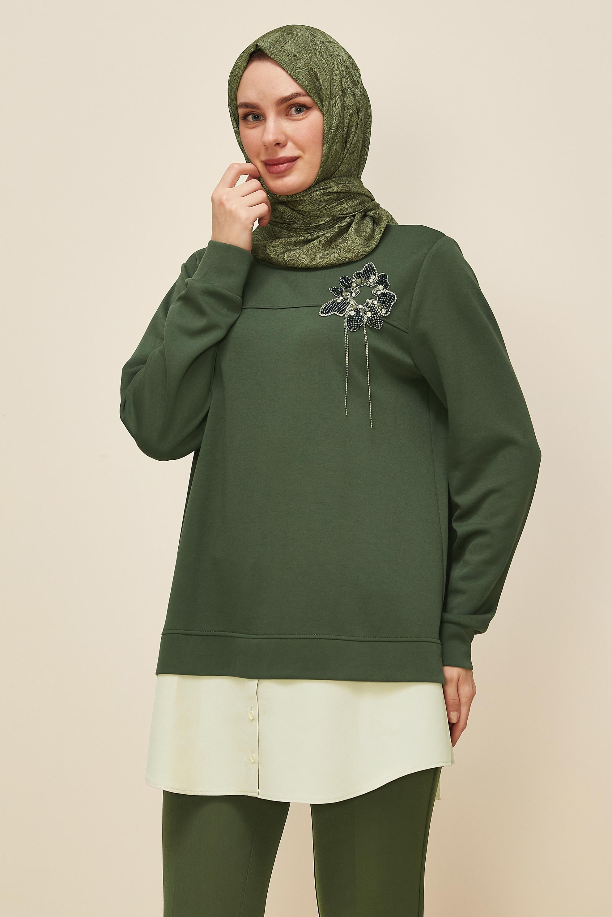 Tesettür giyim HAKİ GÖMLEK GARNİLİ EŞOFMAN TUNİK 46055