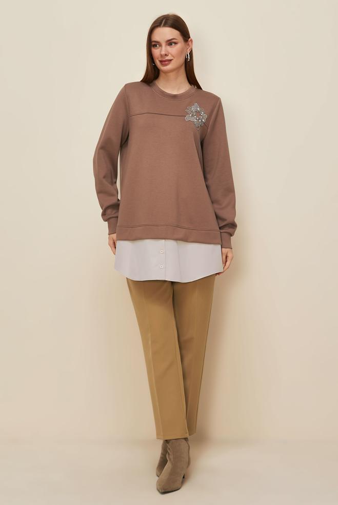 Tesettür giyim TABA GÖMLEK GARNİLİ EŞOFMAN TUNİK 46055 - ALVİNA