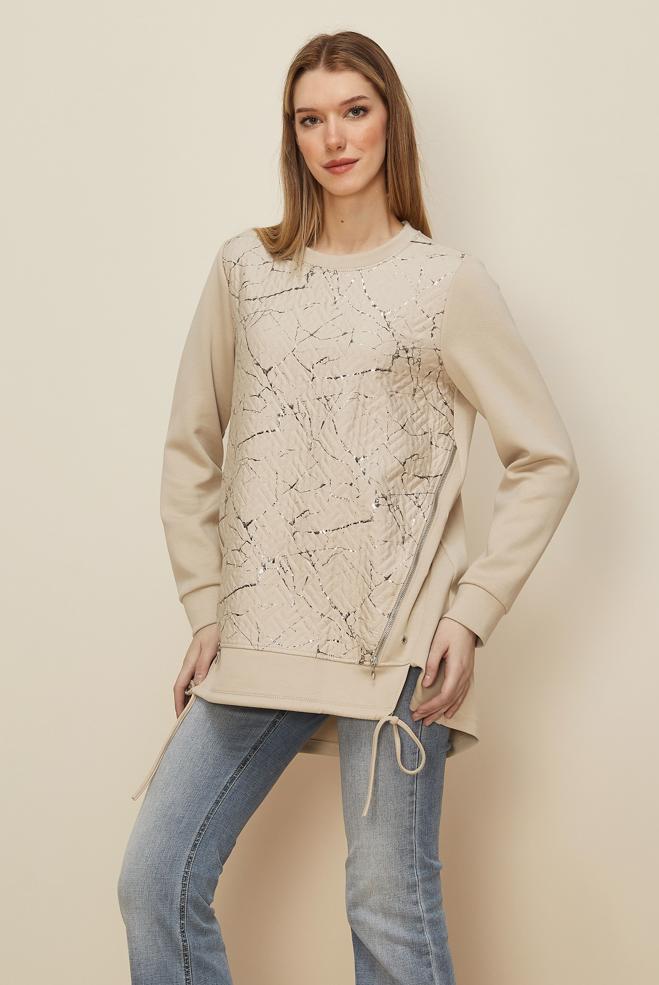 Tesettür giyim BEJ FERMUARLI EŞOFMAN TUNİK 46056 - ALVİNA