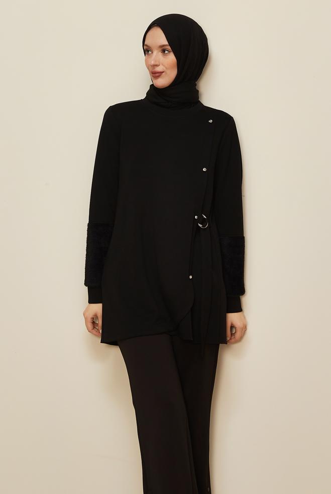Tesettür giyim SİYAH KÜRK DETAYLI EŞOFMAN TUNİK 46057 - ALVİNA