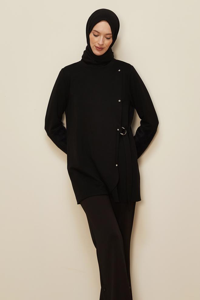 Tesettür giyim SİYAH KÜRK DETAYLI EŞOFMAN TUNİK 46057 - ALVİNA