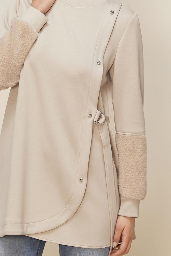 Tesettür giyim BEJ KÜRK DETAYLI EŞOFMAN TUNİK 46057 - ALVİNA