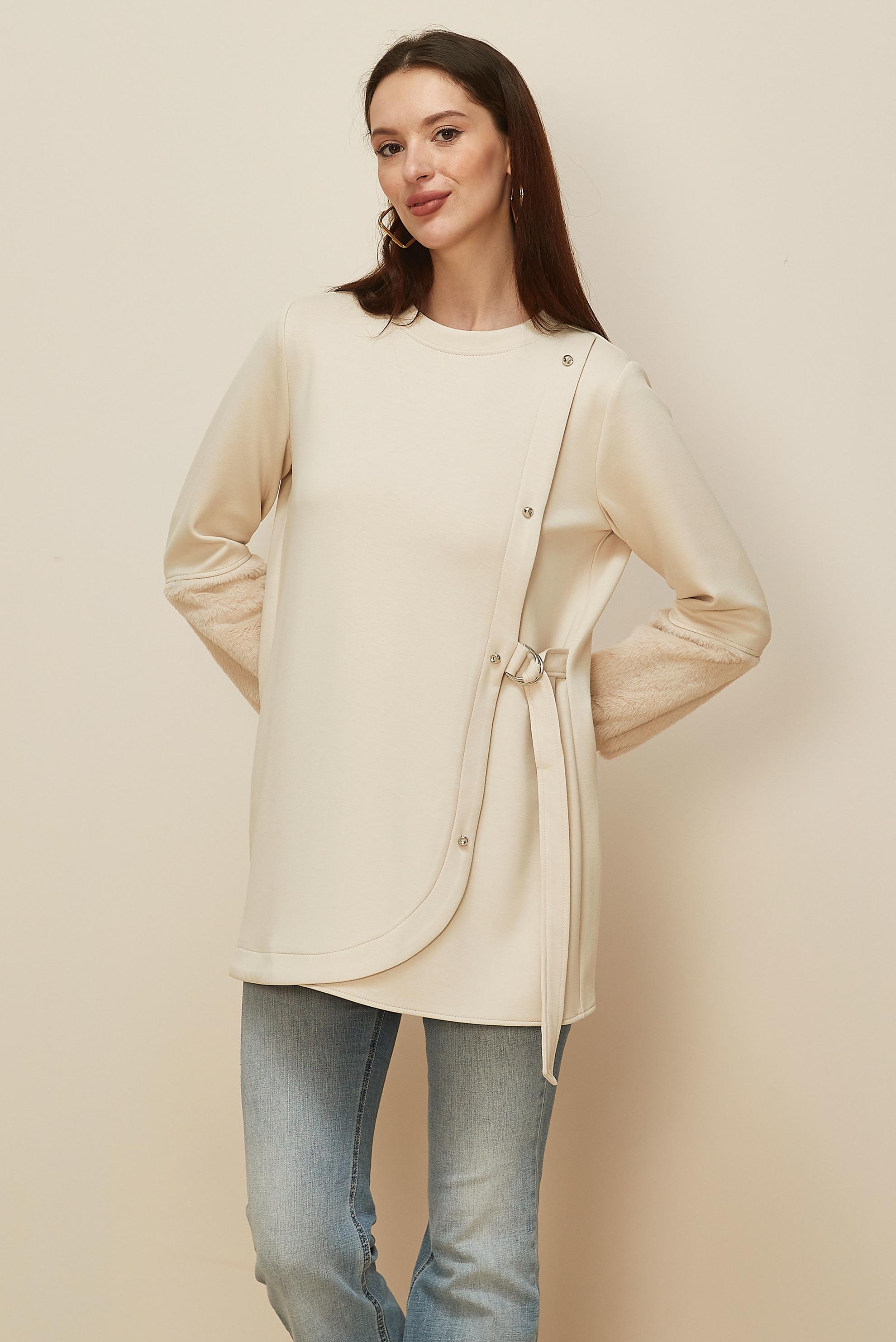 Tesettür giyim EKRU KÜRK DETAYLI EŞOFMAN TUNİK 46057