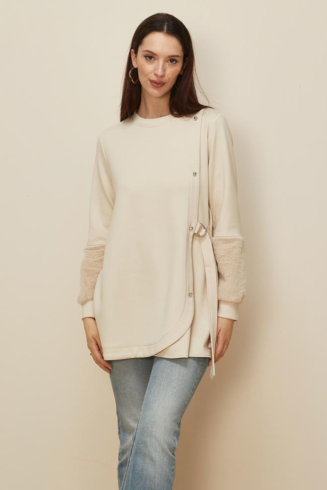 Tesettür giyim EKRU KÜRK DETAYLI EŞOFMAN TUNİK 46057 - ALVİNA