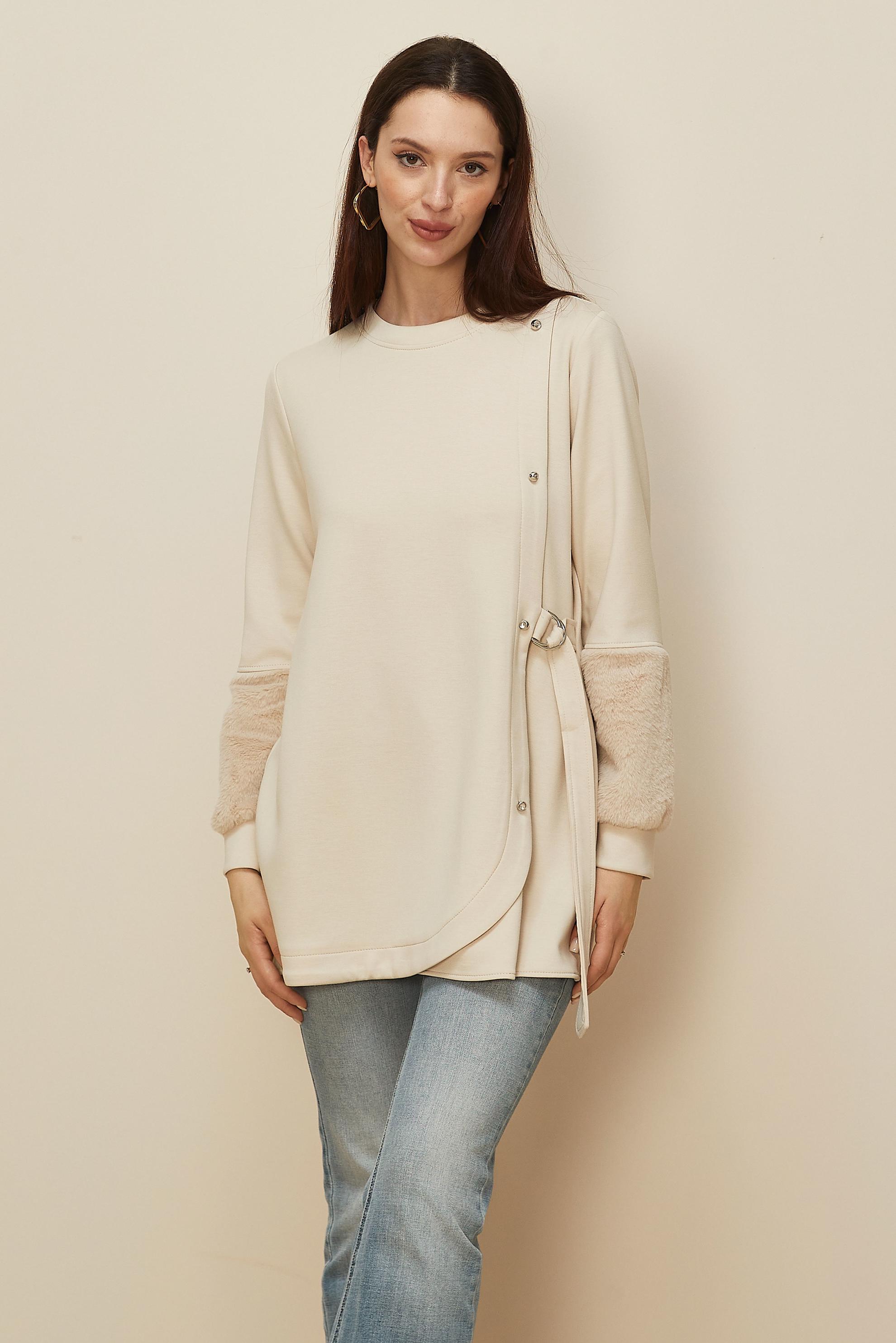 Tesettür giyim EKRU KÜRK DETAYLI EŞOFMAN TUNİK 46057