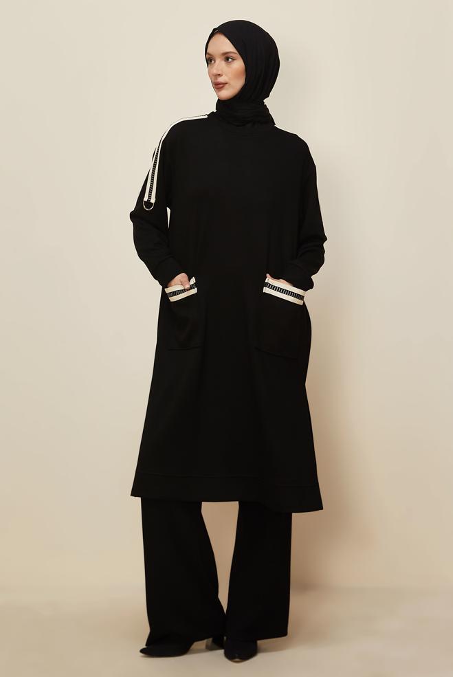 Tesettür giyim SİYAH PANTOLONLU CEP DETAYLI EŞOFMAN TAKIMI 46069 - ALVİNA
