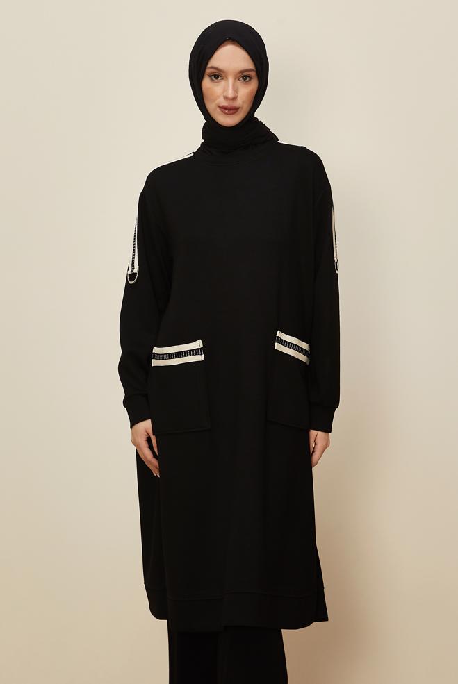 Tesettür giyim SİYAH PANTOLONLU CEP DETAYLI EŞOFMAN TAKIMI 46069 - ALVİNA