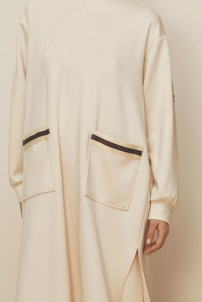 Tesettür giyim EKRU PANTOLONLU CEP DETAYLI EŞOFMAN TAKIMI 46069 - ALVİNA