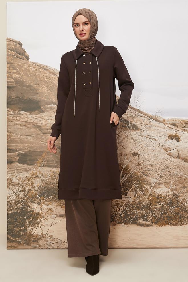 Tesettür giyim KAHVE 46070 OYSHO EŞOFMAN TUNİK 38-46 TEK40 - ALVİNA