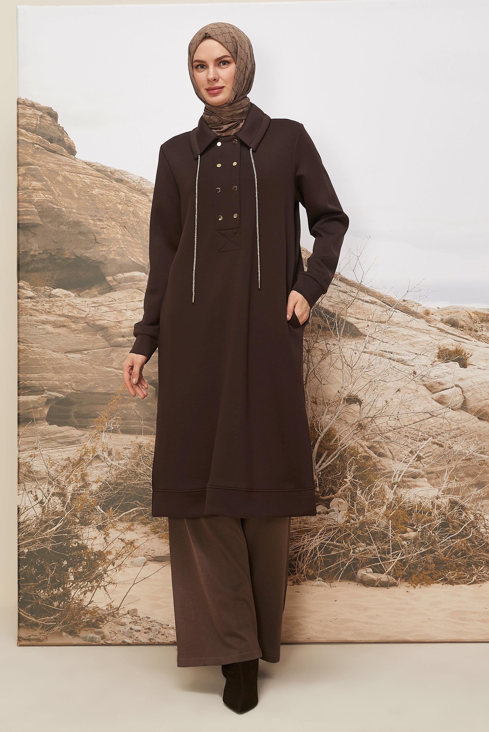 Tesettür giyim KAHVE 46070 OYSHO EŞOFMAN TUNİK 38-46 TEK40