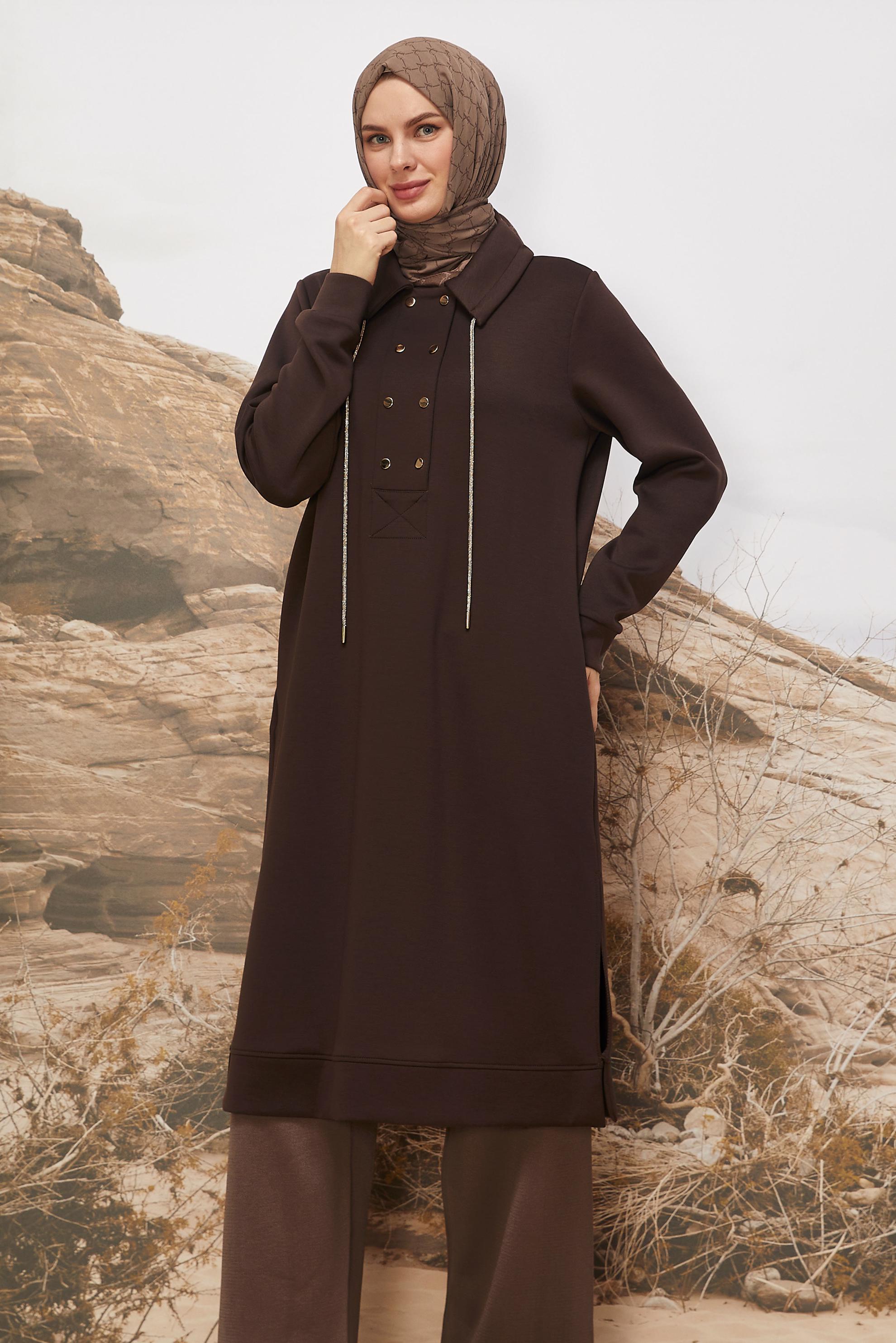 Tesettür giyim KAHVE 46070 OYSHO EŞOFMAN TUNİK 38-46 TEK40