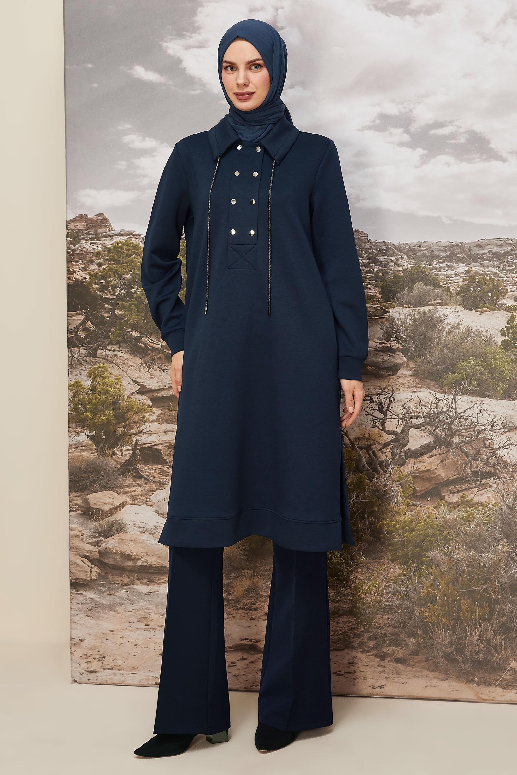 Hijab clothing NAVY BLUE SHIRT COLLAR TRACKSUIT TUNIC 46070